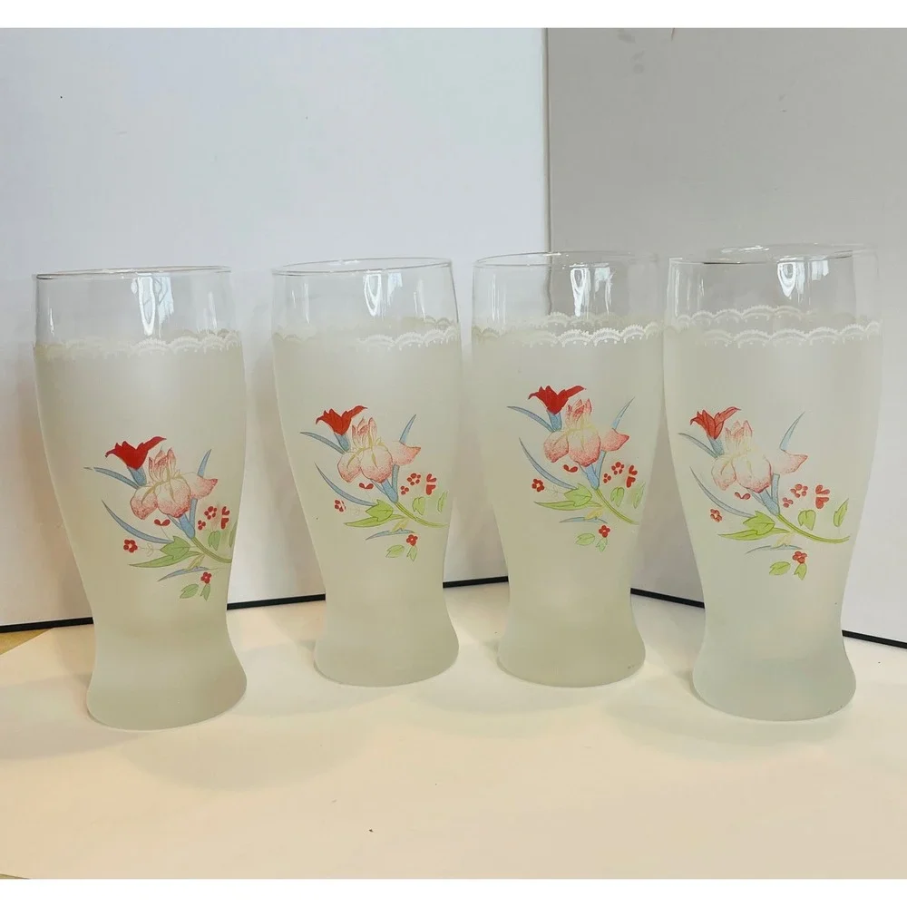 Vintage Frosted Glass Floral Iris Tumbler Set of 4 White Lace Trim 6 inch Tall